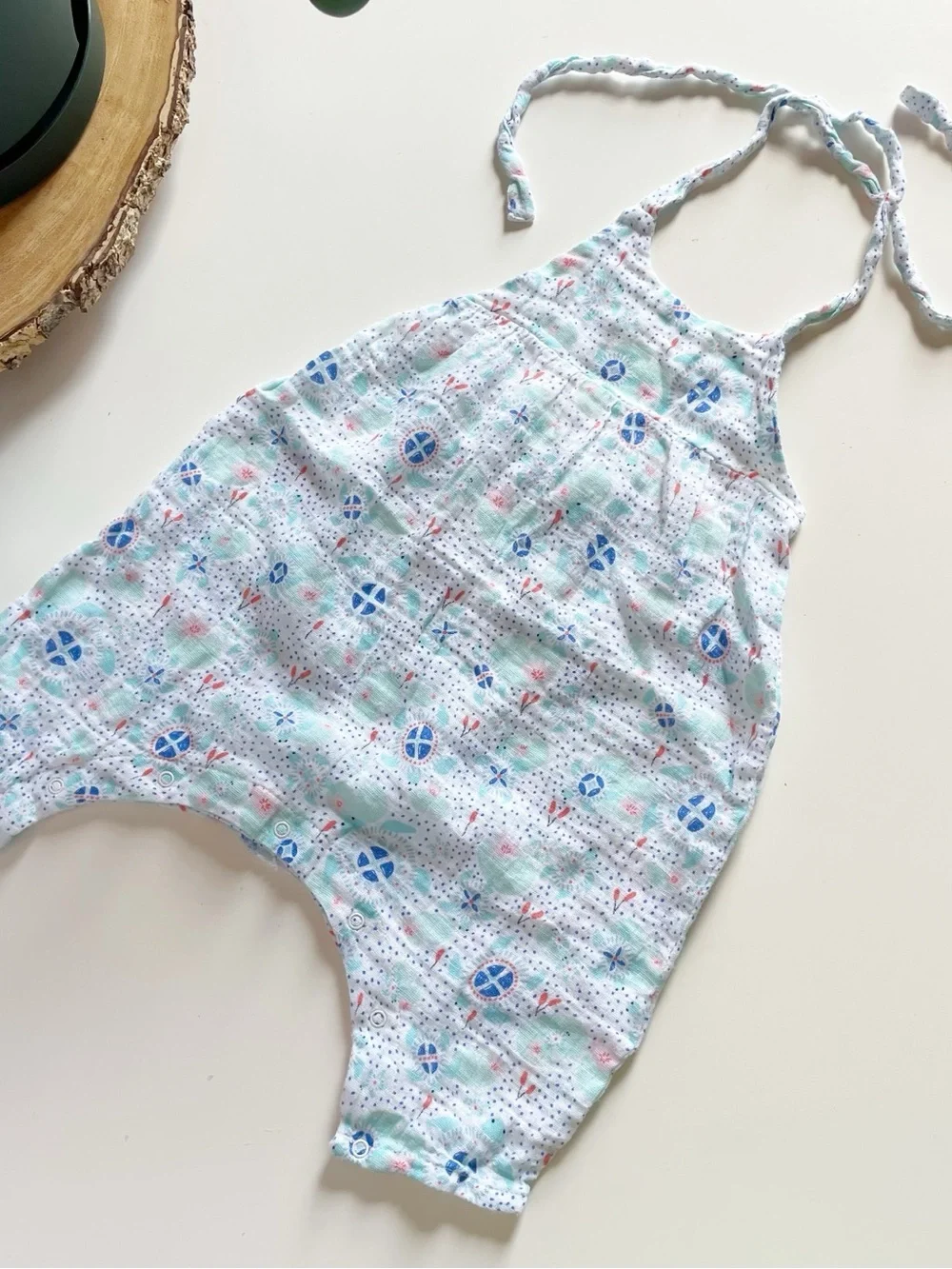 Angel Dear Organic White Muslin Halter Romper with Blue and Mint Print | 6-12m